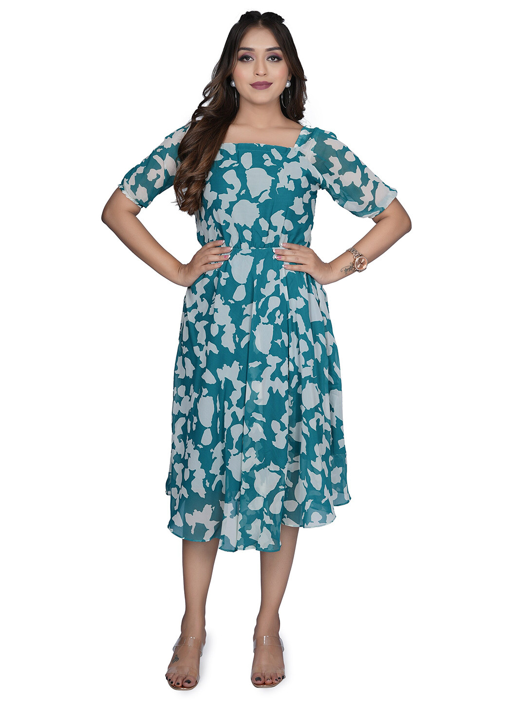 

Fashion2wear Floral Print Square Neck Georgette Fit & Flare Midi Dress, Teal