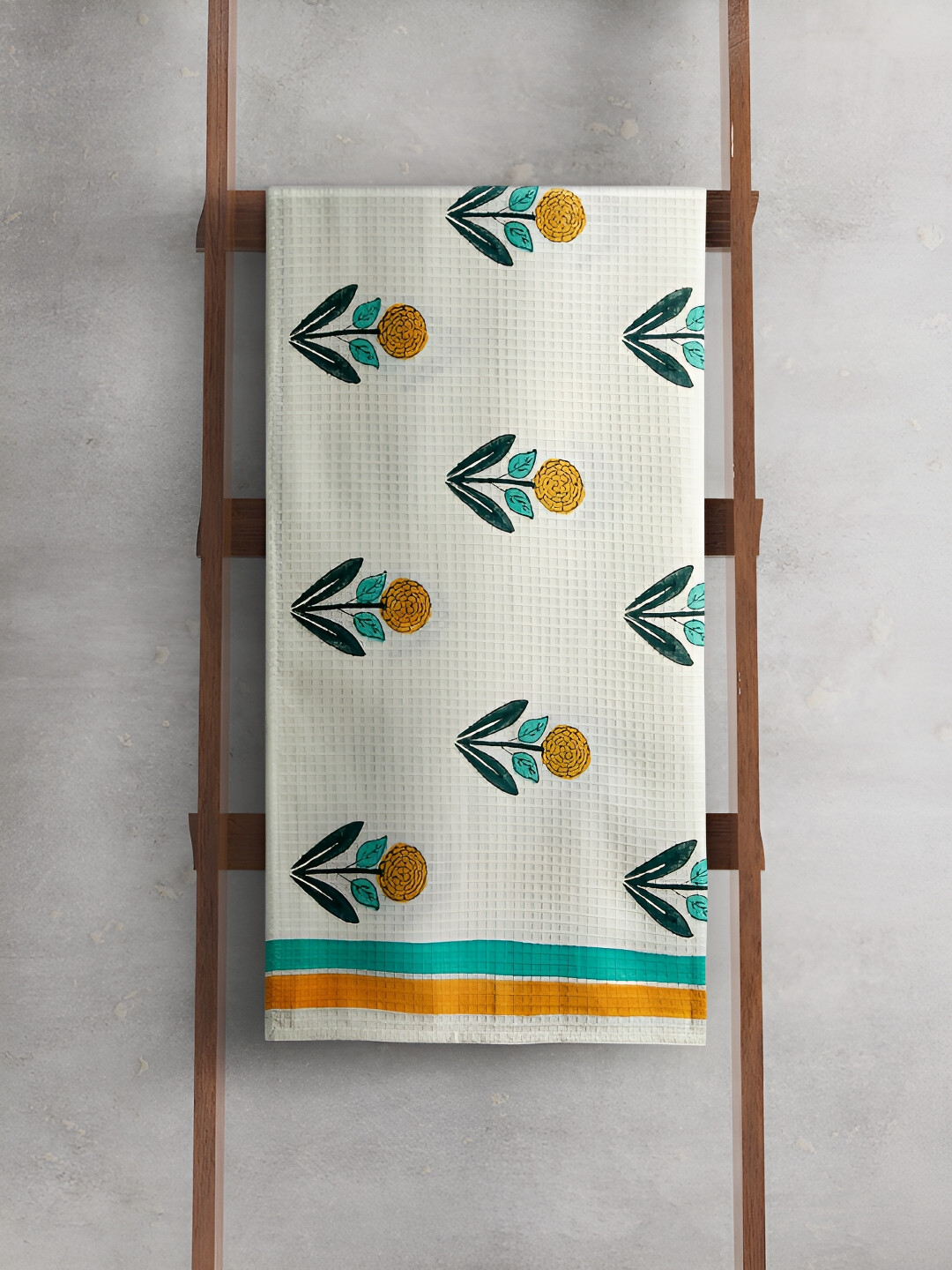 

India Circus by Krsnaa Mehta White & Yellow Printed Cotton 150 GSM Bath Towel