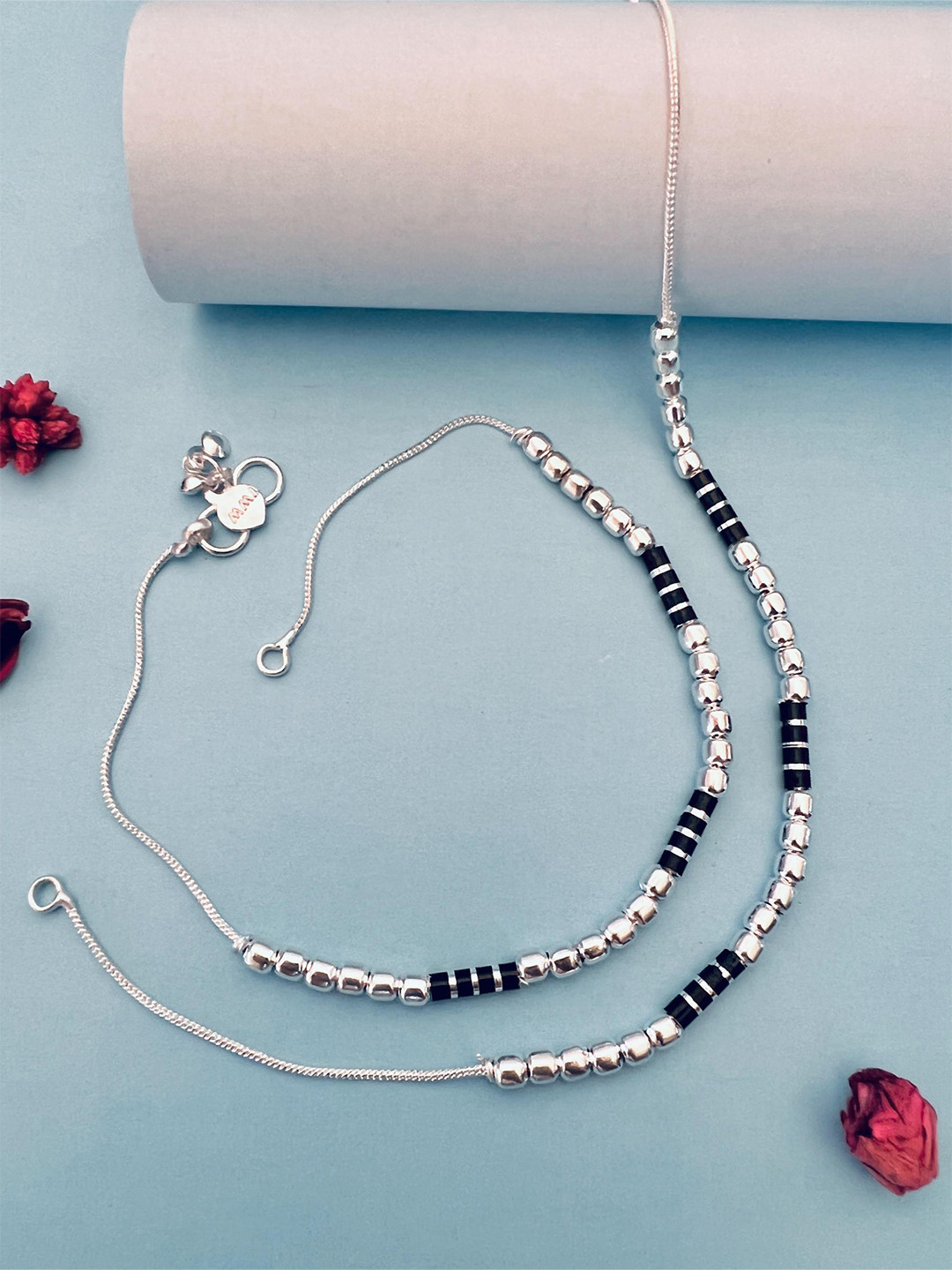 

ABDESIGNS Set Of 2 Silver-Plated Stones-Studded and Beaded Anklet