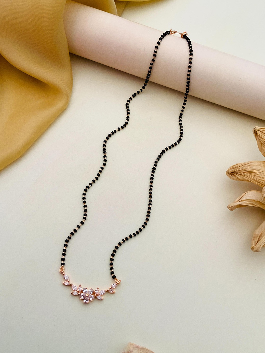 

ABDESIGNS Rose Gold-Plated American Diamond Studded and Beaded Mangalsutra