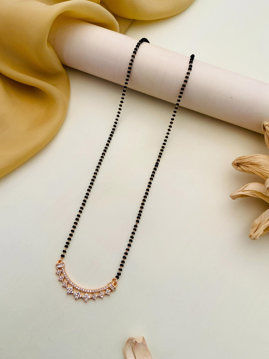 

ABDESIGNS Rose Gold-Plated American Diamond Studded and Beaded Mangalsutra