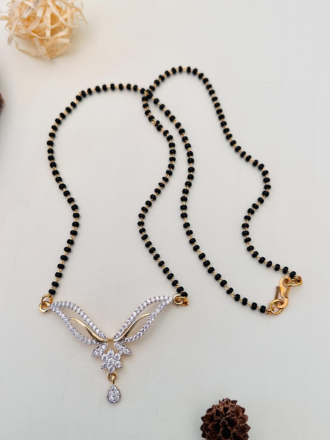 

ABDESIGNS Gold-Plated American Diamond Studded and Beaded Mangalsutra