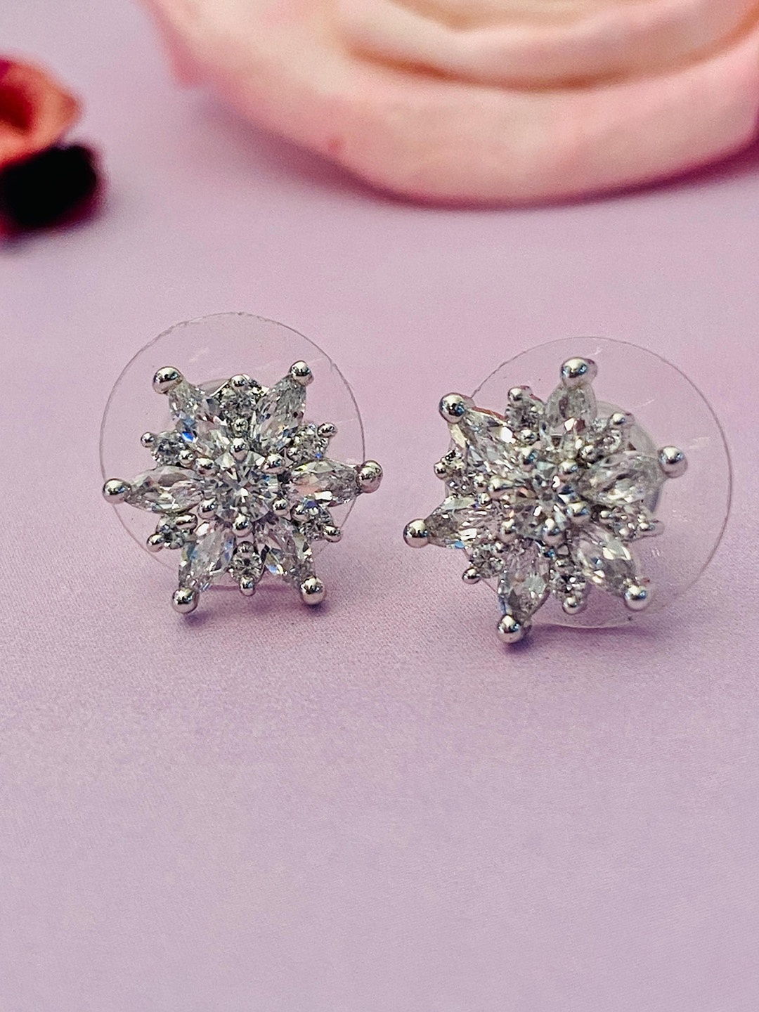 

ABDESIGNS Silver-Plated AD Studded Floral Studs Earrings