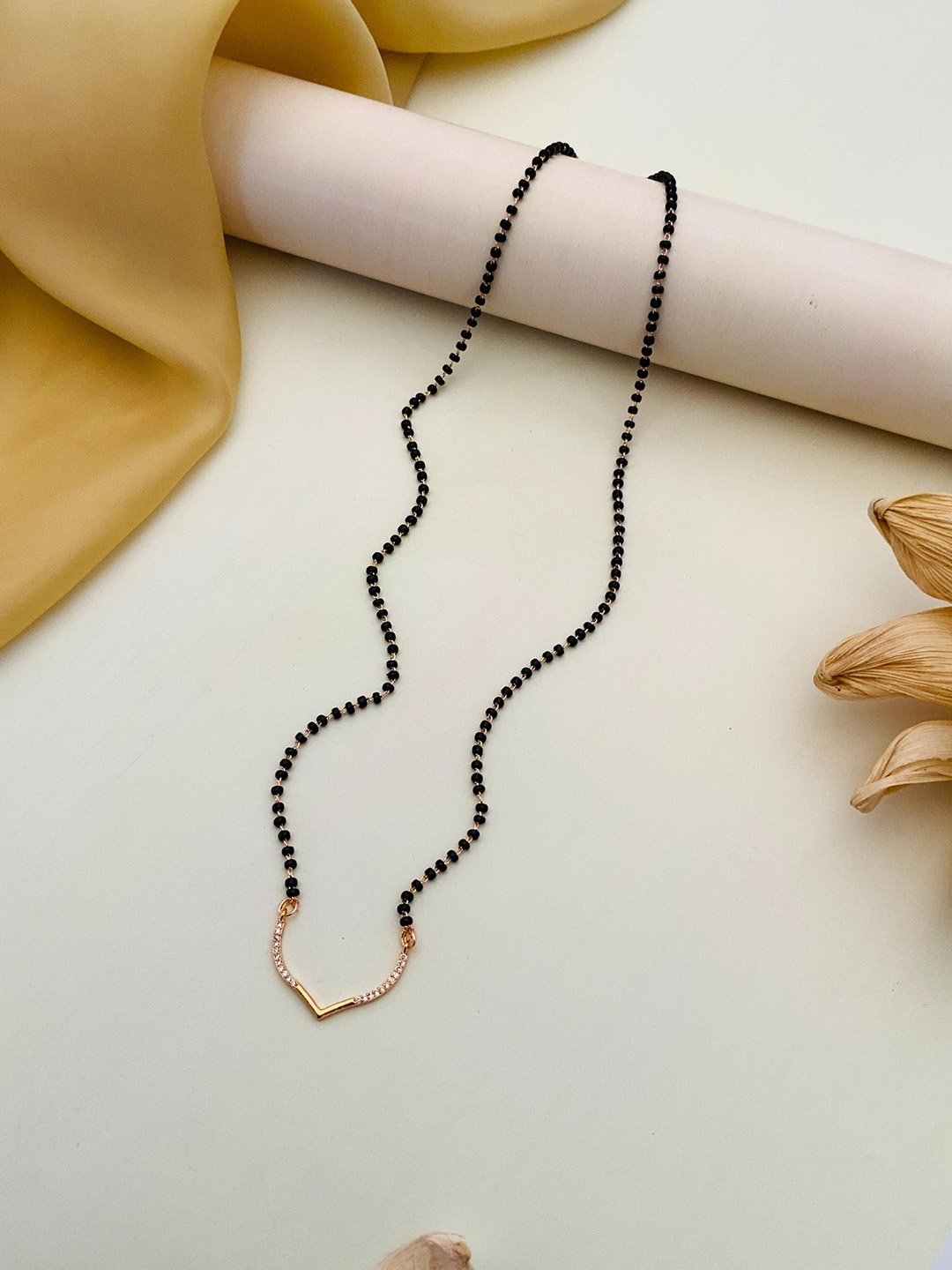 

ABDESIGNS Rose Gold-Plated American Diamond Studded and Beaded Mangalsutra
