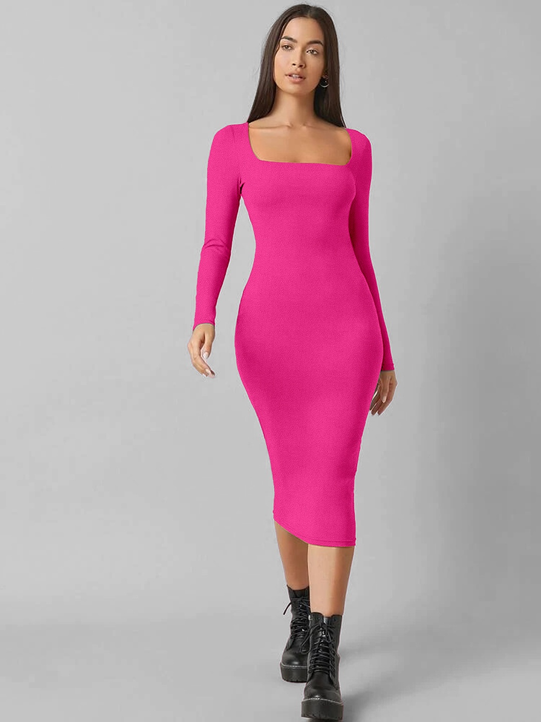 

Alekya Square Neck Long Sleeves Bodycon Midi Dress, Pink