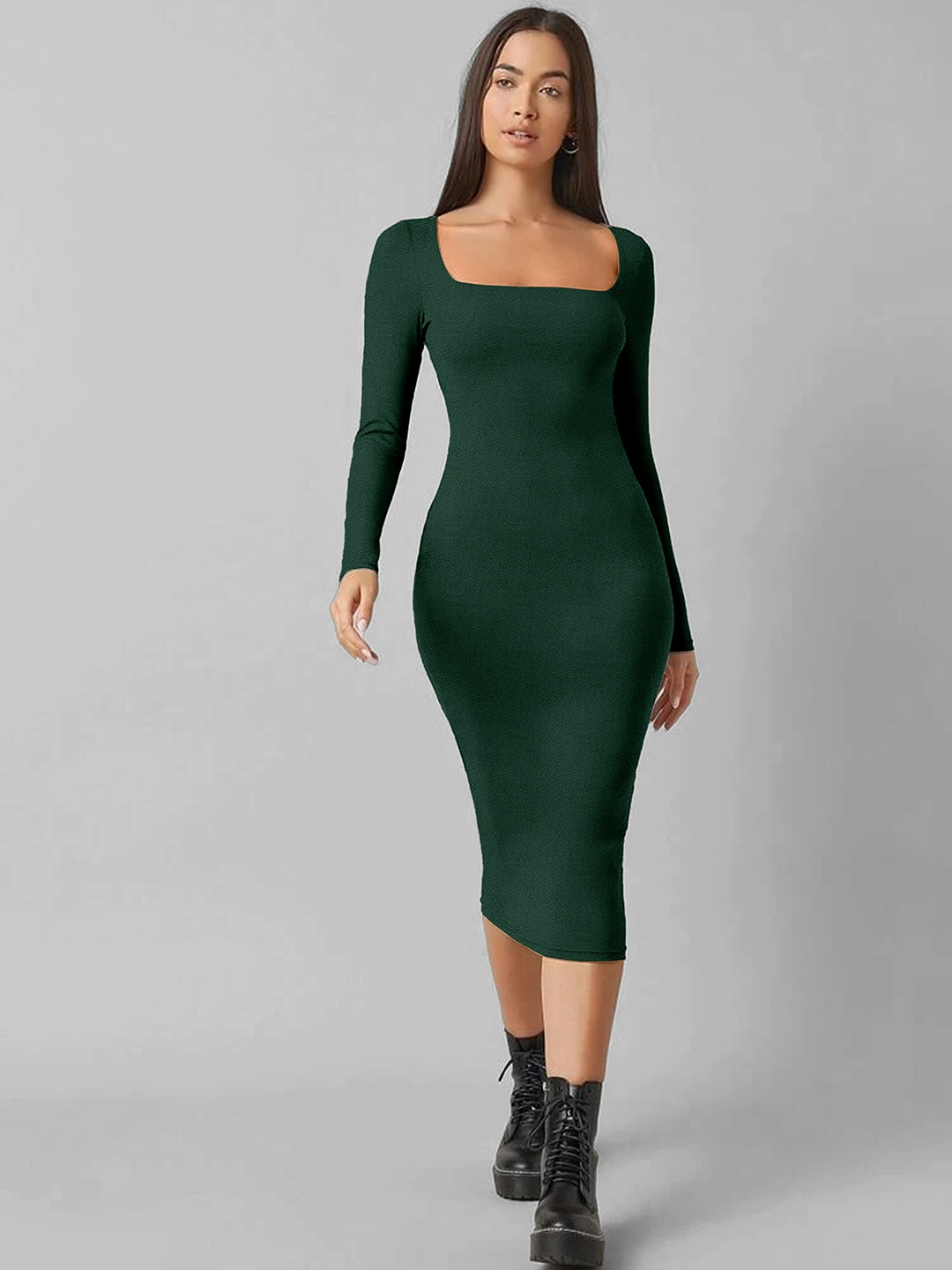 

Alekya Square Neck Long Sleeves Bodycon Midi Dress, Green
