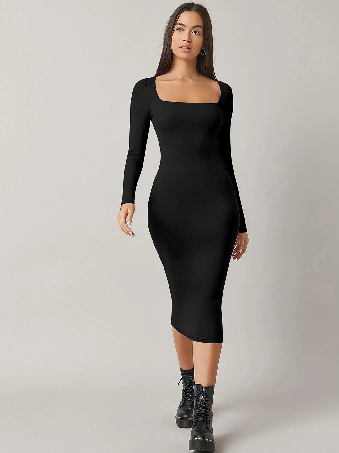 

Alekya Square Neck Long Sleeves Bodycon Midi Dress, Black