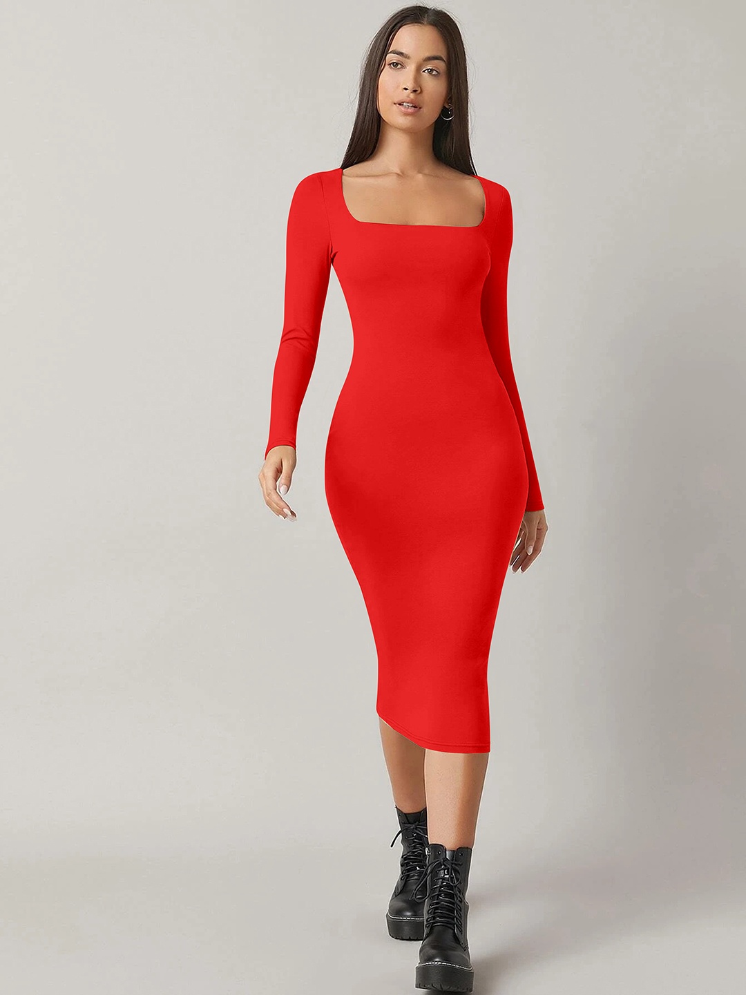 

Alekya Square Neck Long Sleeves Bodycon Midi Dress, Red