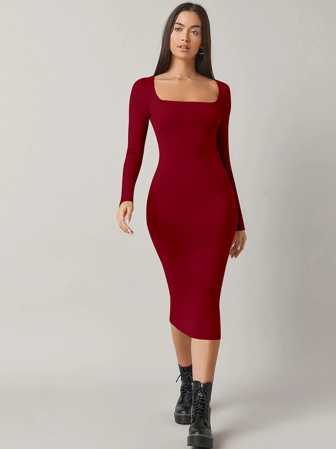 

Alekya Square Neck Long Sleeves Bodycon Midi Dress, Maroon