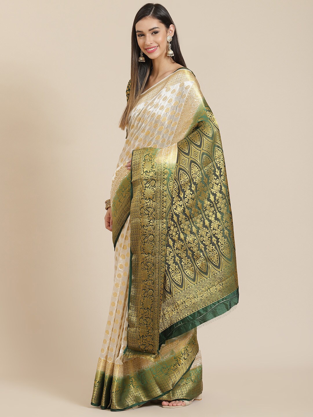 

KALINI Ethnic Motifs Zari Silk Cotton Banarasi Saree, White