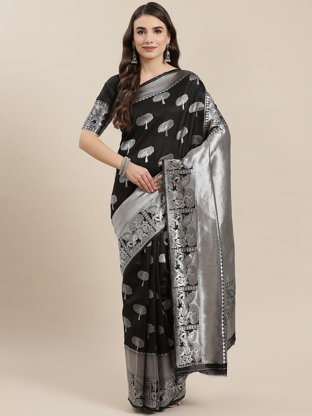 

KALINI Ethnic Motifs Woven Design Zari Art Silk Banarasi Saree, Black