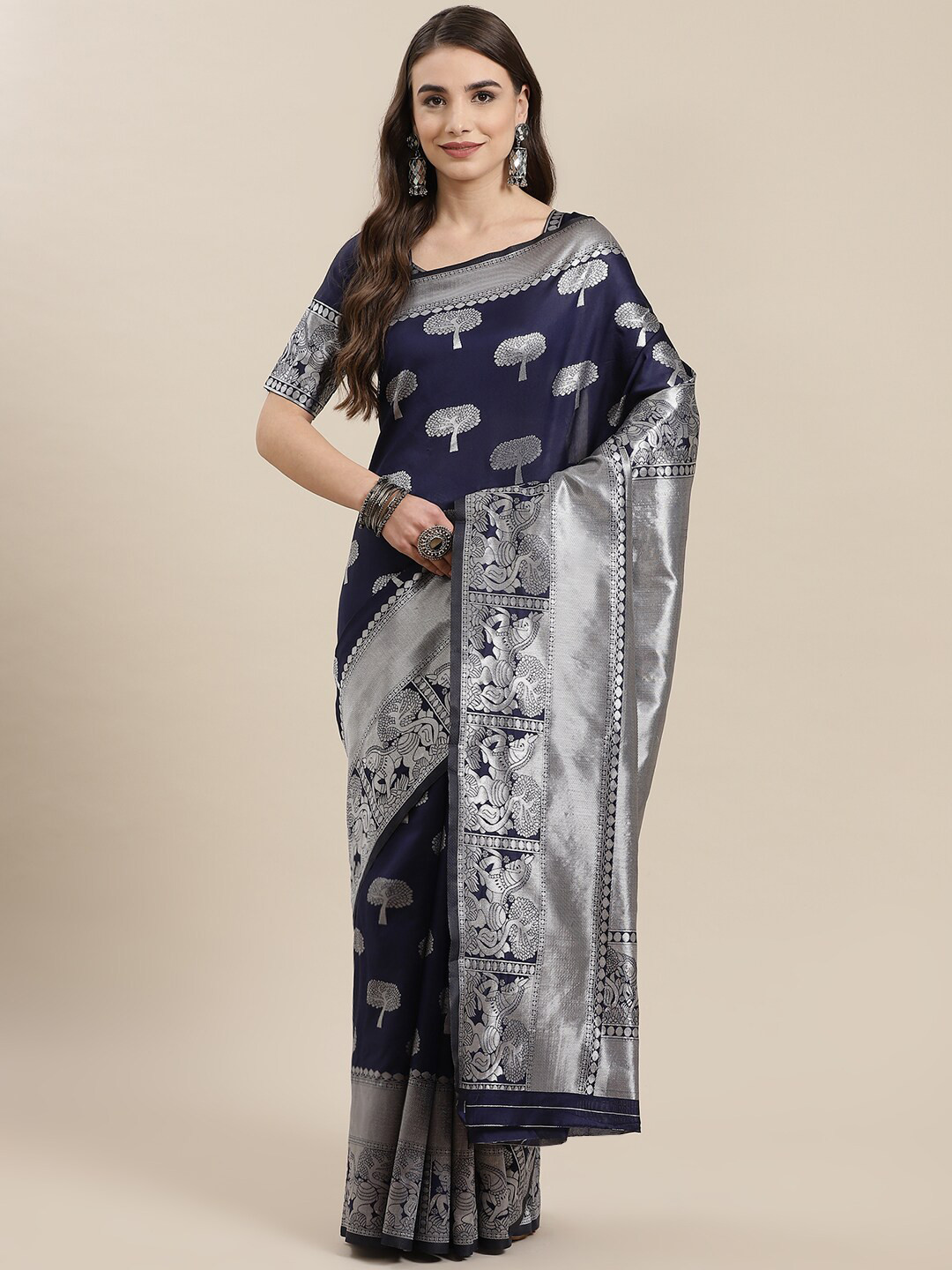 

KALINI Ethnic Motifs Woven Design Zari Detailed Banarasi Saree, Navy blue