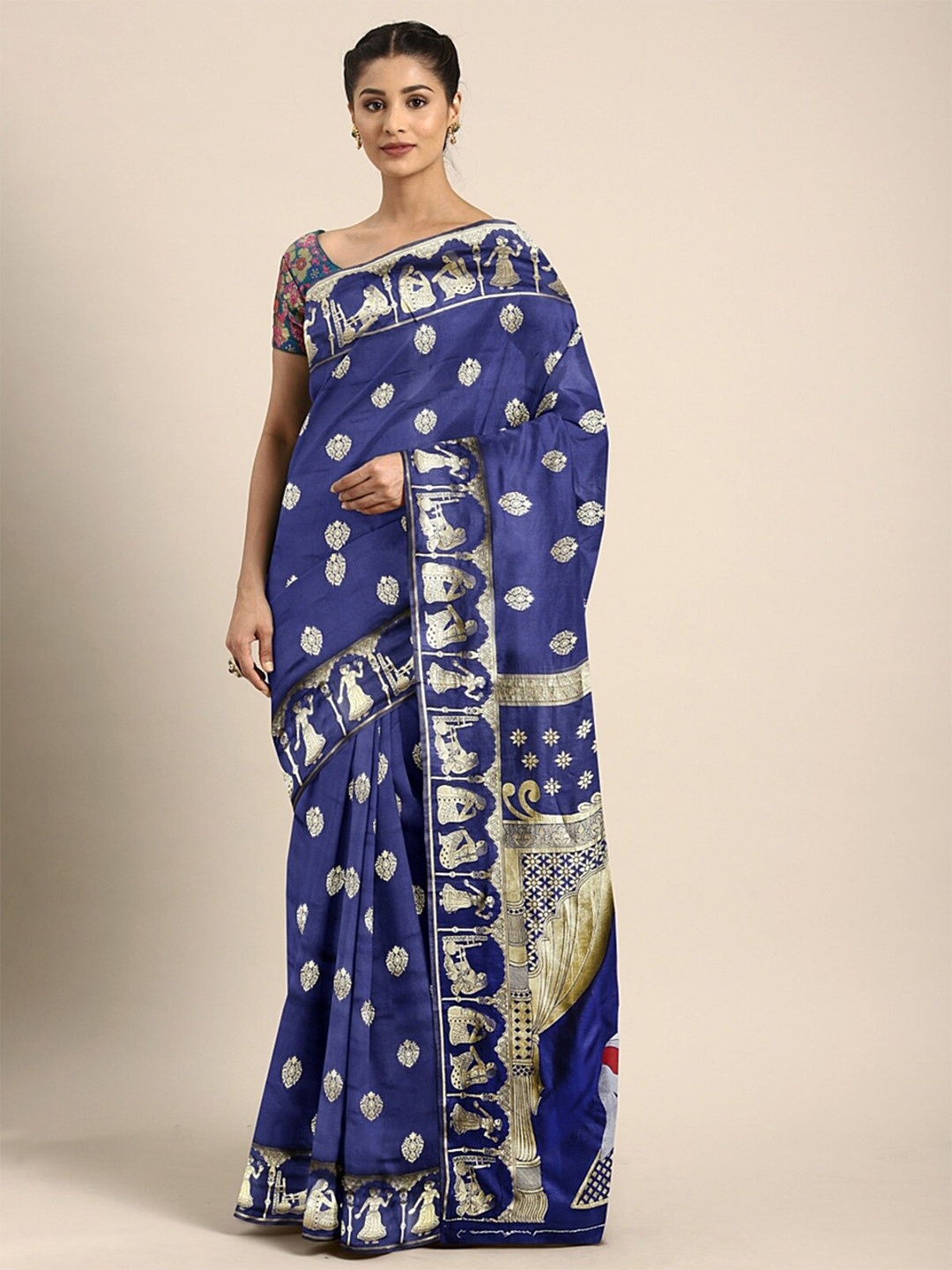 

KALINI Ethnic Motifs Zari Art Silk Banarasi Saree, Navy blue