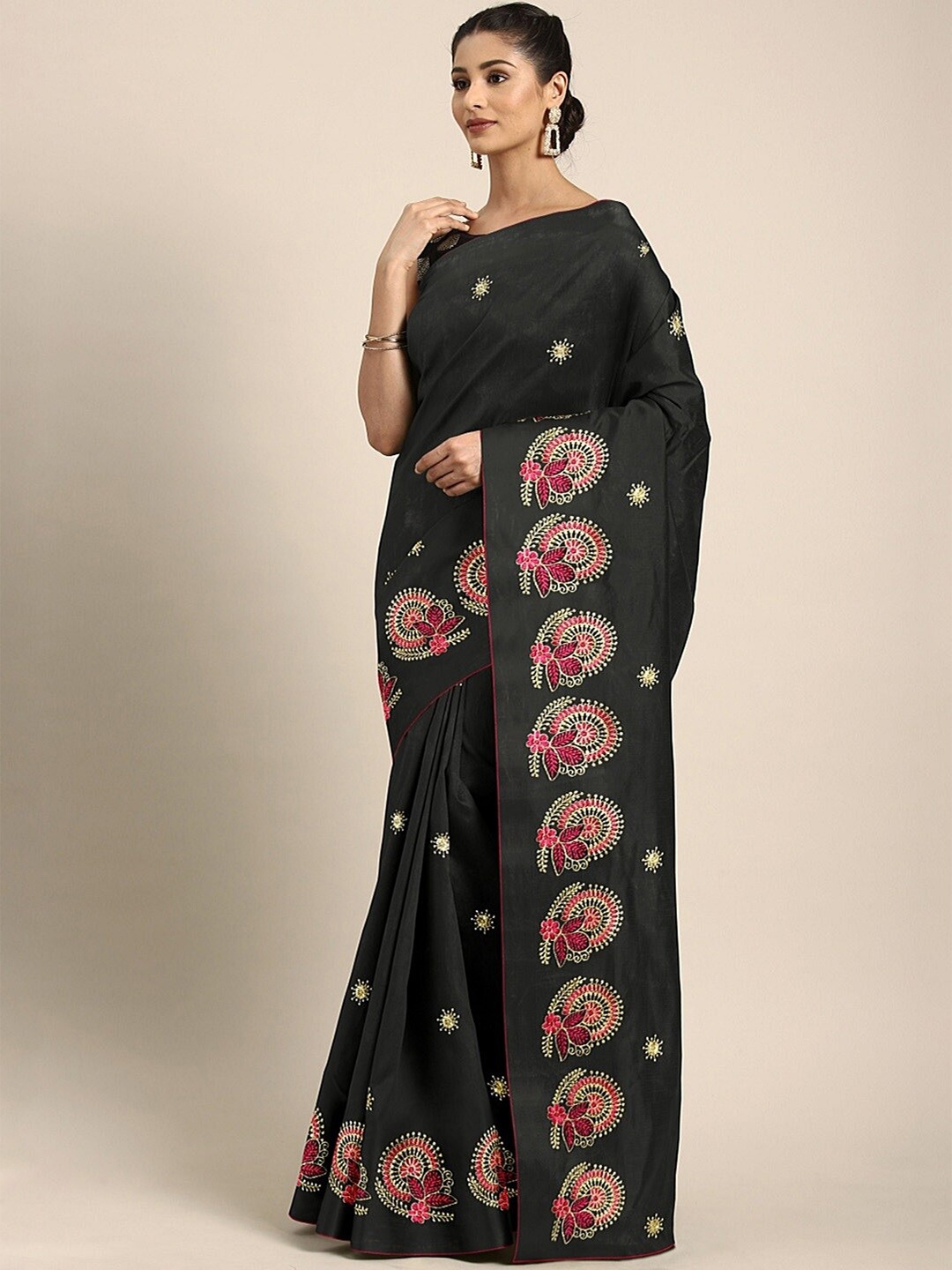 

KALINI Floral Embroidered Saree, Black