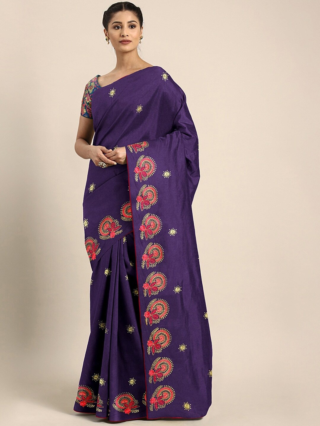 

KALINI Floral Embroidered Saree, Purple