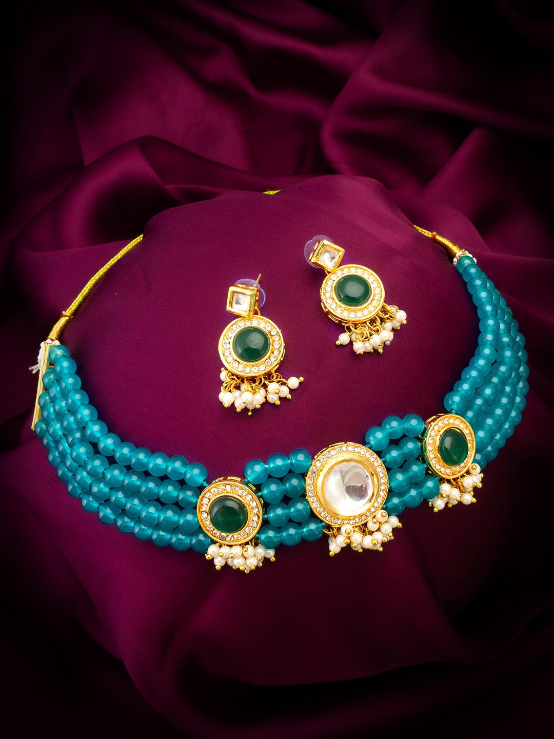 aadita Gold-Plated Kundan Studded & Beaded Jewellery Set