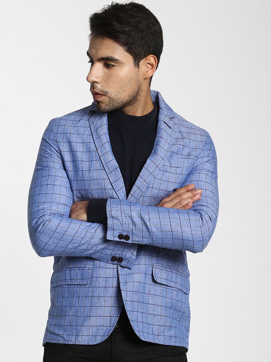 

Red Flame Checked Pure Linen Single-Breasted Casual Blazer, Blue