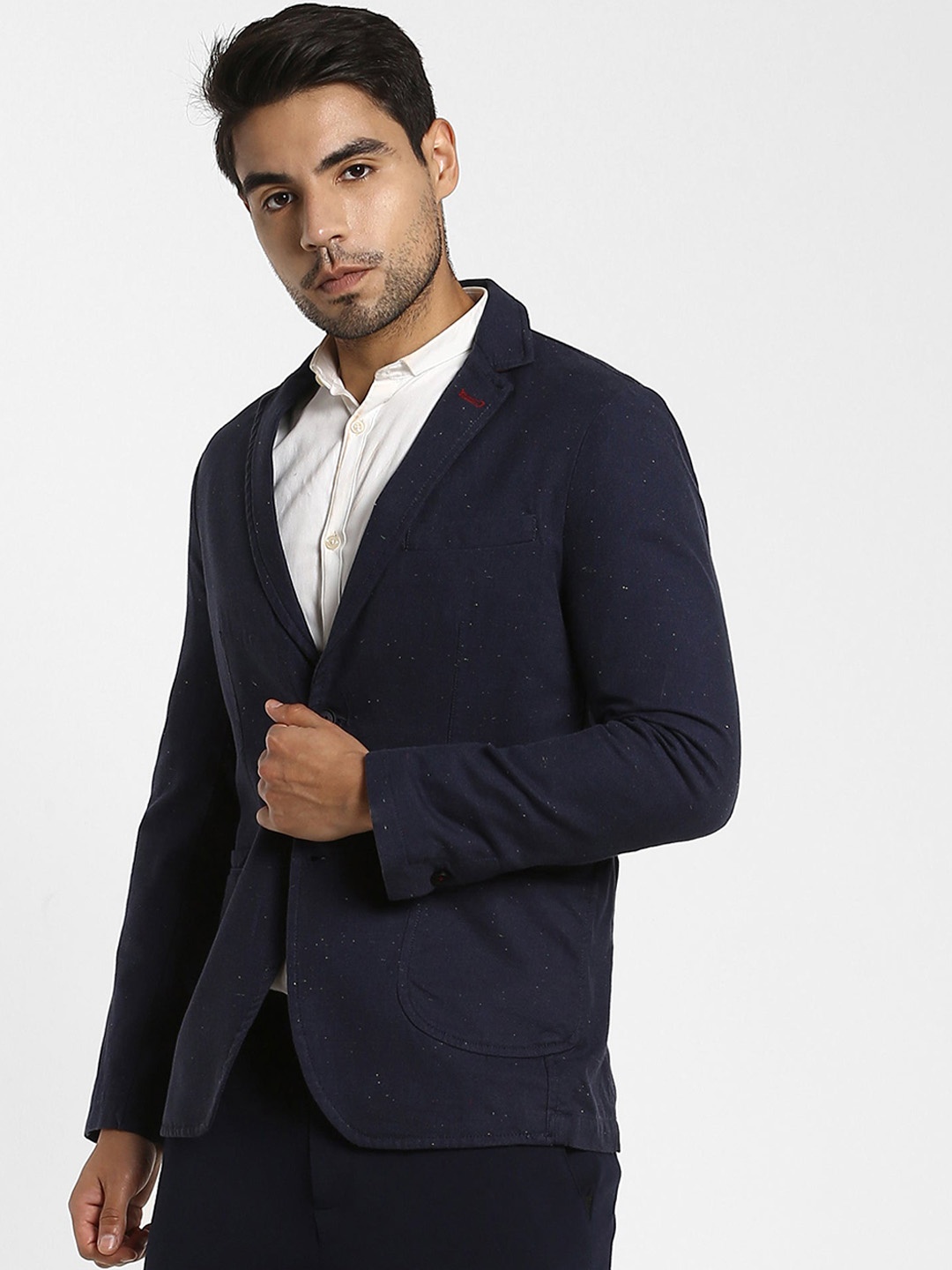 

Red Flame Self Design Pure Cotton Single Breasted Blazer, Navy blue