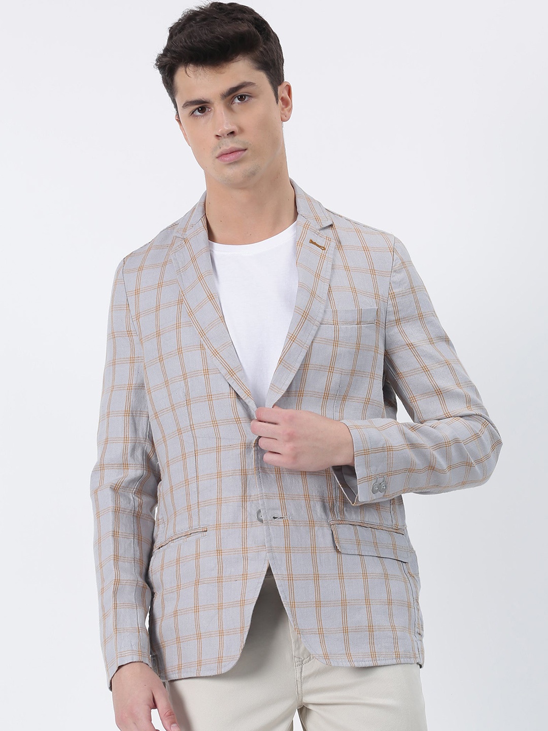 

Red Flame Checked Pure Linen Single-Breasted Blazer, Grey