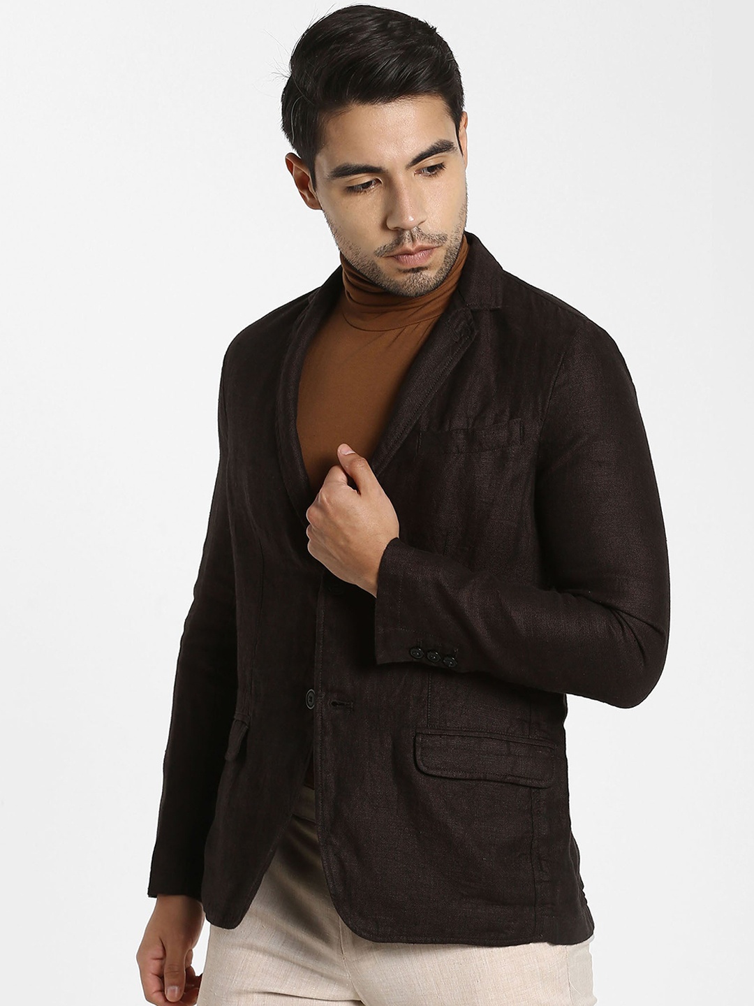 

Red Flame Notched Lapel Collar Pure Linen Single Breasted Blaze, Brown