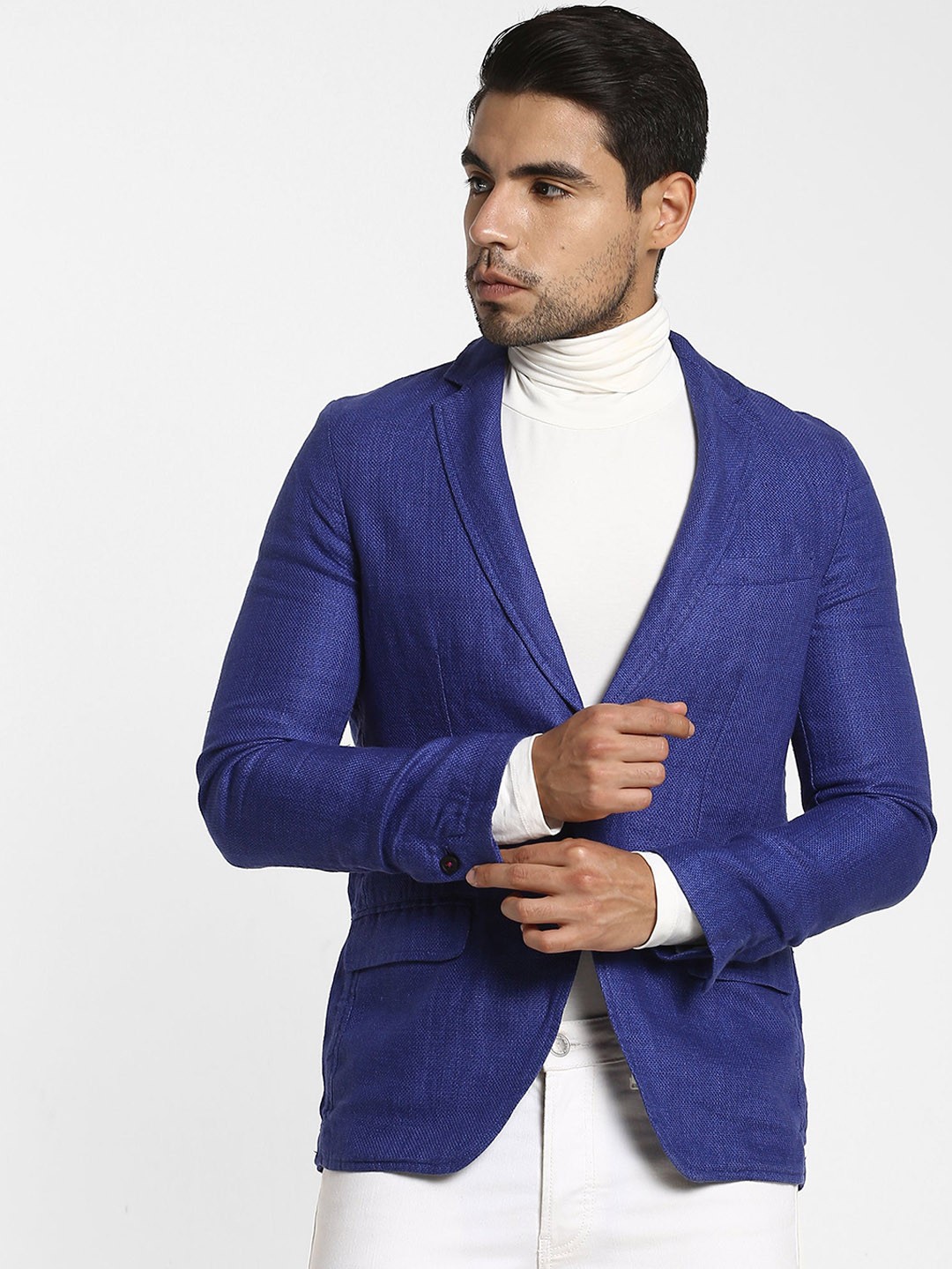 

Red Flame Notched Lapel Collar Pure Linen Single-Breasted Blazer, Blue