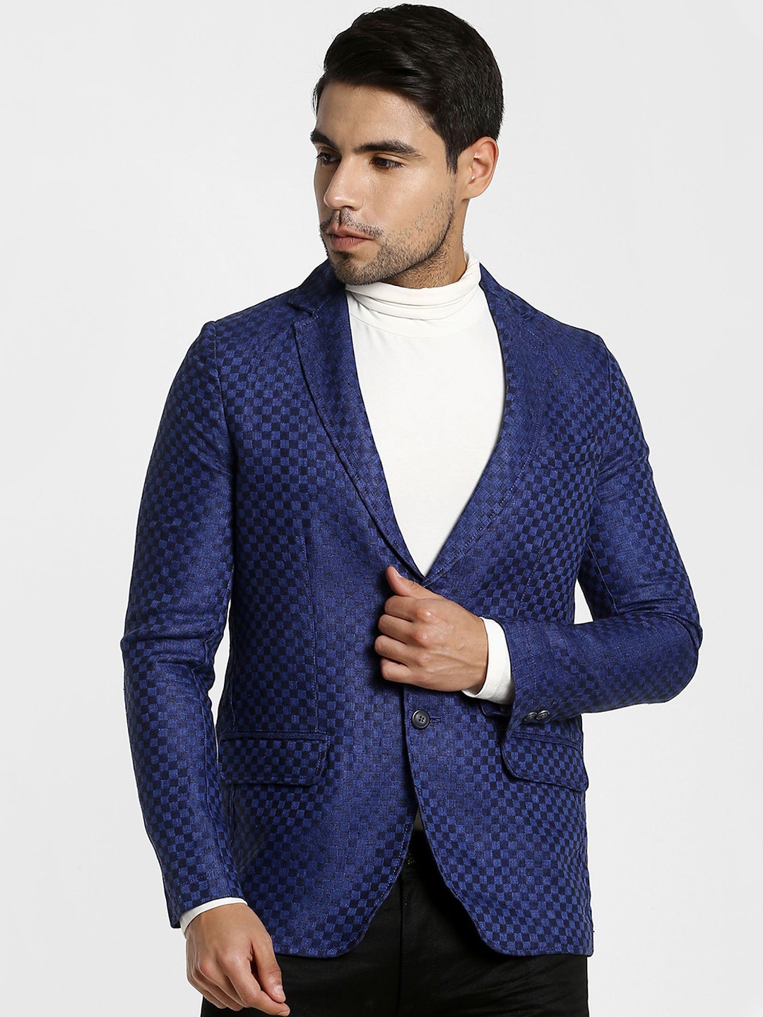 

Red Flame Checked Pure Linen Single-Breasted Blazer, Blue