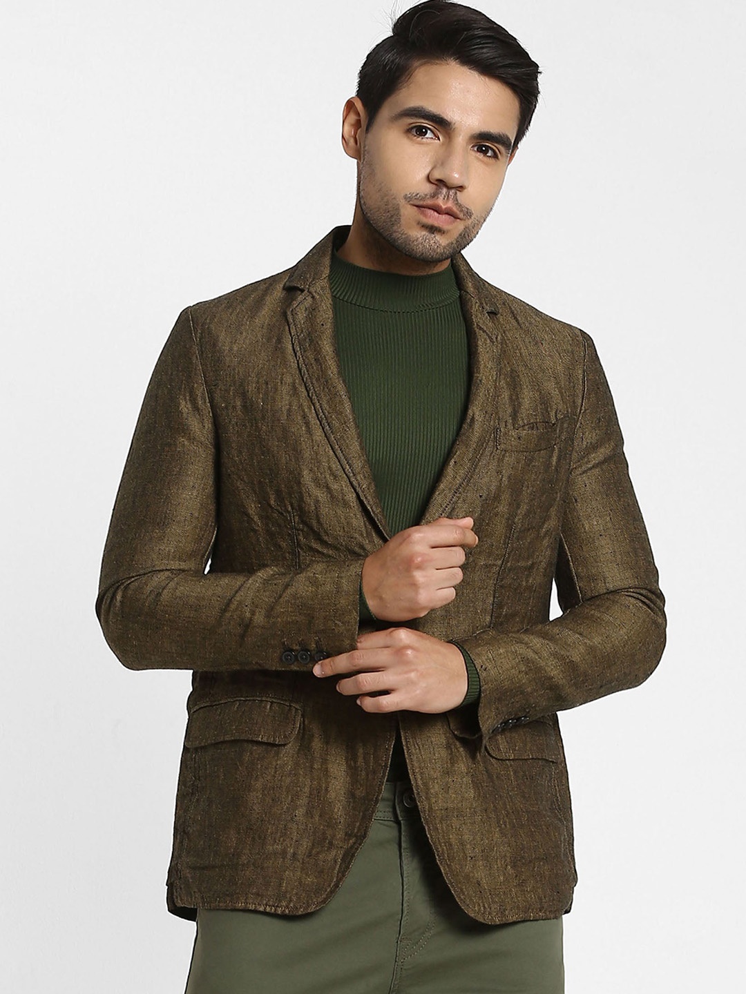 

Red Flame Notched Lapel Collar Pure Linen Single Breasted Blazer, Khaki
