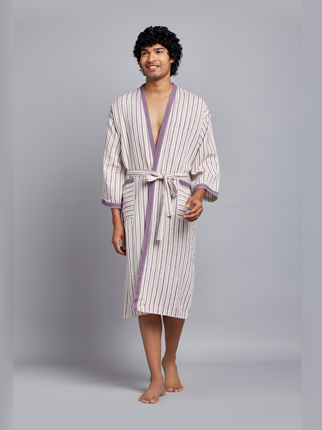 

India Circus by Krsnaa Mehta Unisex Striped Cotton Velvet Vista Bath Robe, Purple