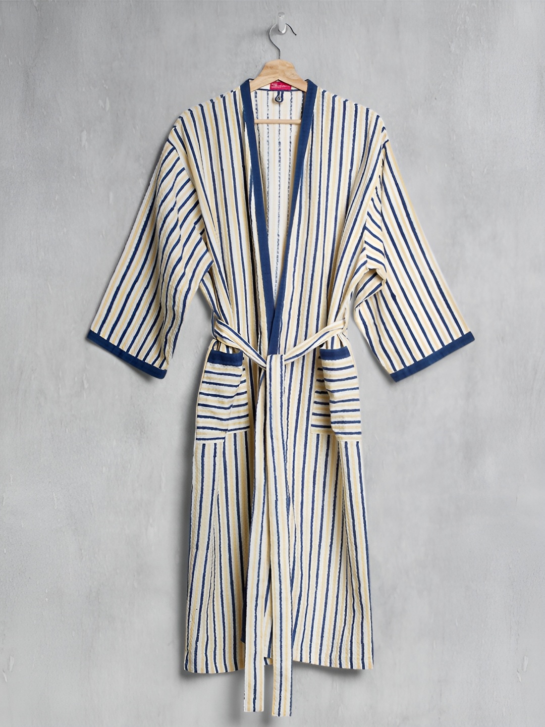 

India Circus by Krsnaa Mehta Unisex Striped Cotton Bath Robe, Navy blue