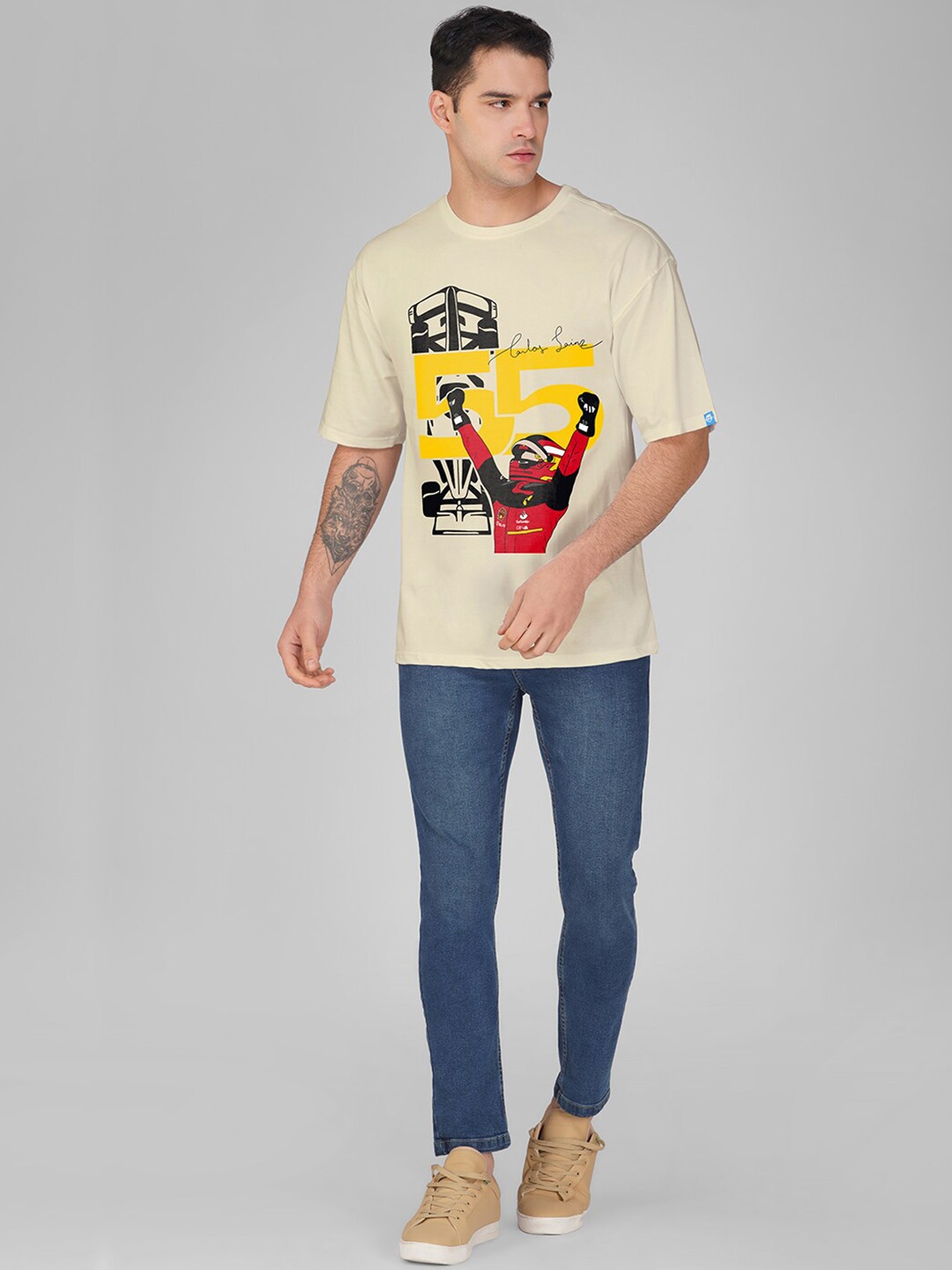 

Crazymonk Carlos Sainz Printed Cotton Oversized T-shirt, Beige