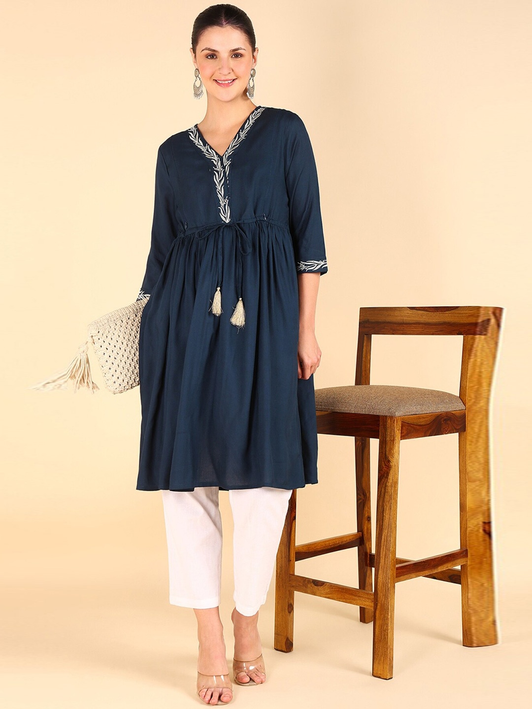 

House Of Zelena V-Neck Thread Work A-Line Maternity Kurta, Navy blue