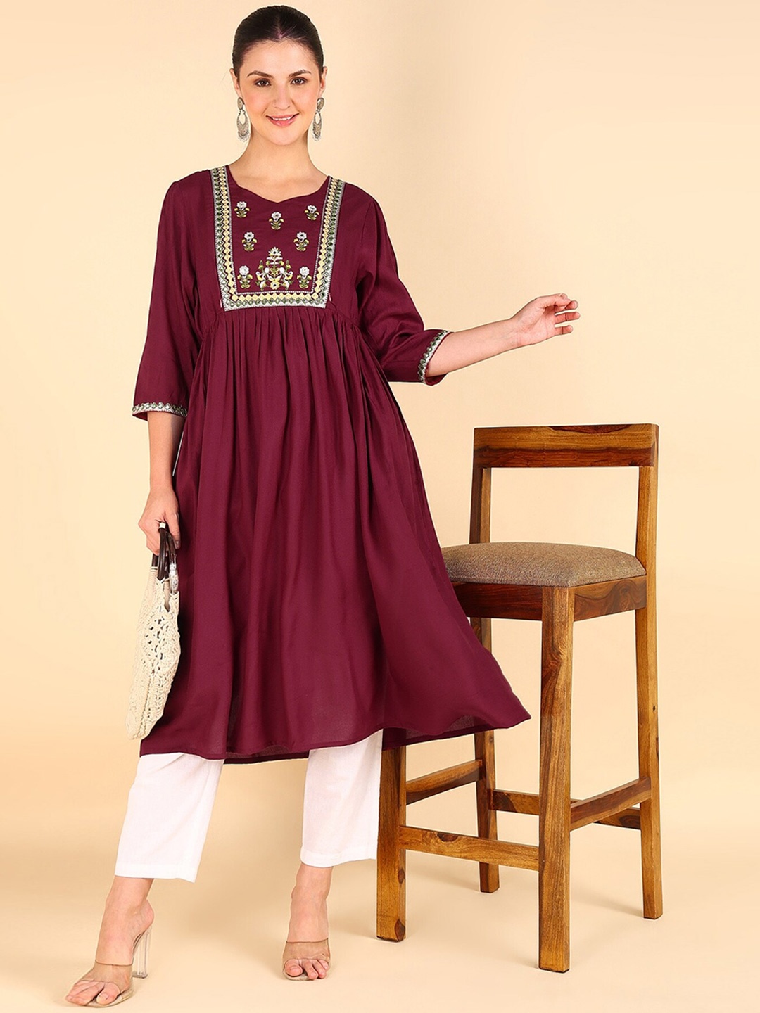 

House Of Zelena Ethnic Motifs Embroidered V-Neck A-Line Maternity Feeding Kurta, Maroon