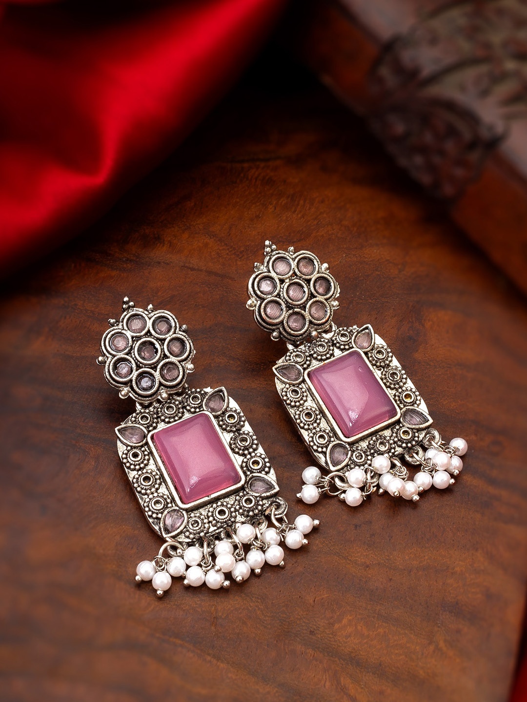 

aadita Silver Artificial Stones Drop Earrings