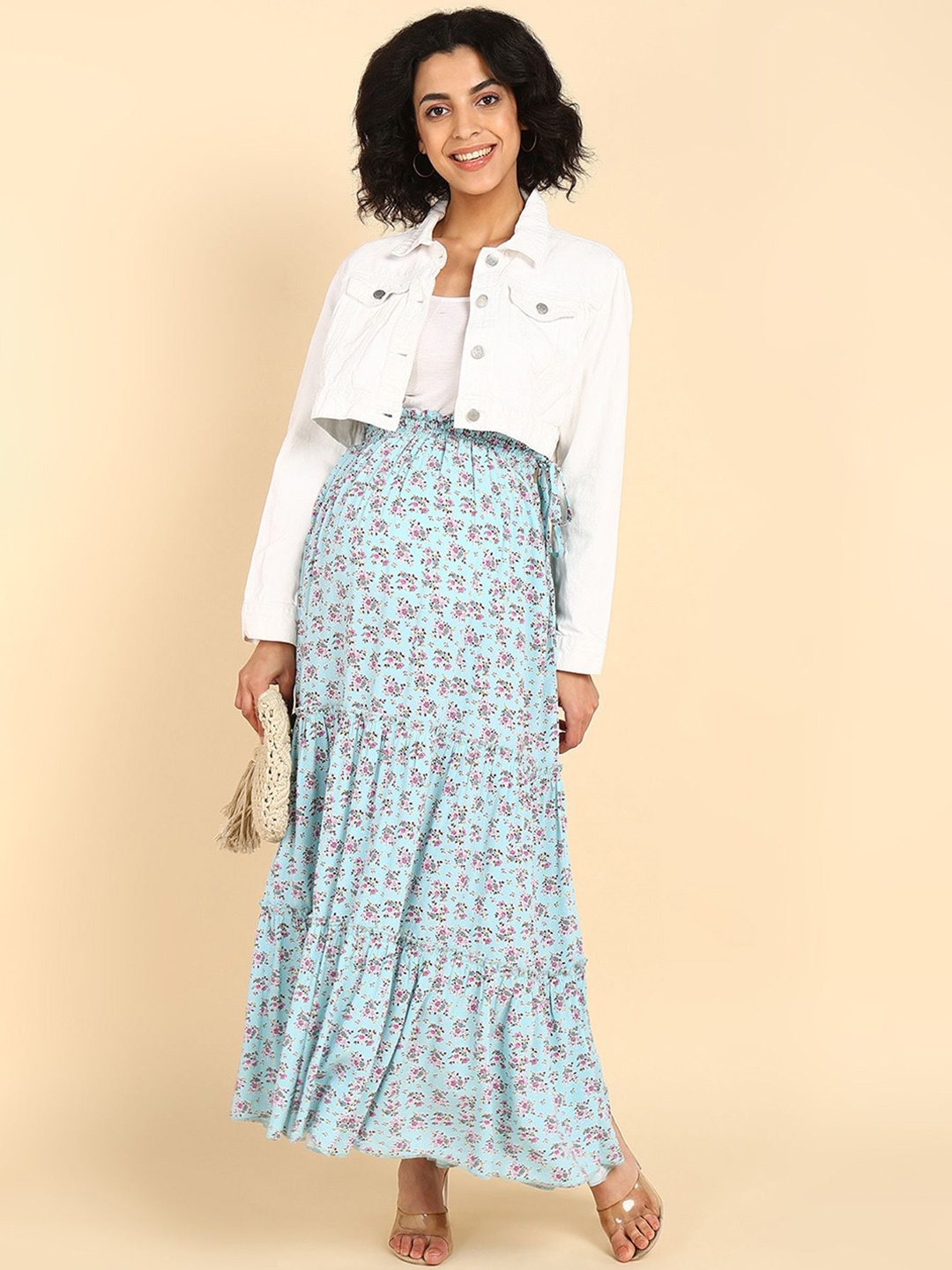 

House Of Zelena Printed Tiered Maxi Skirt With Pocket, Turquoise blue