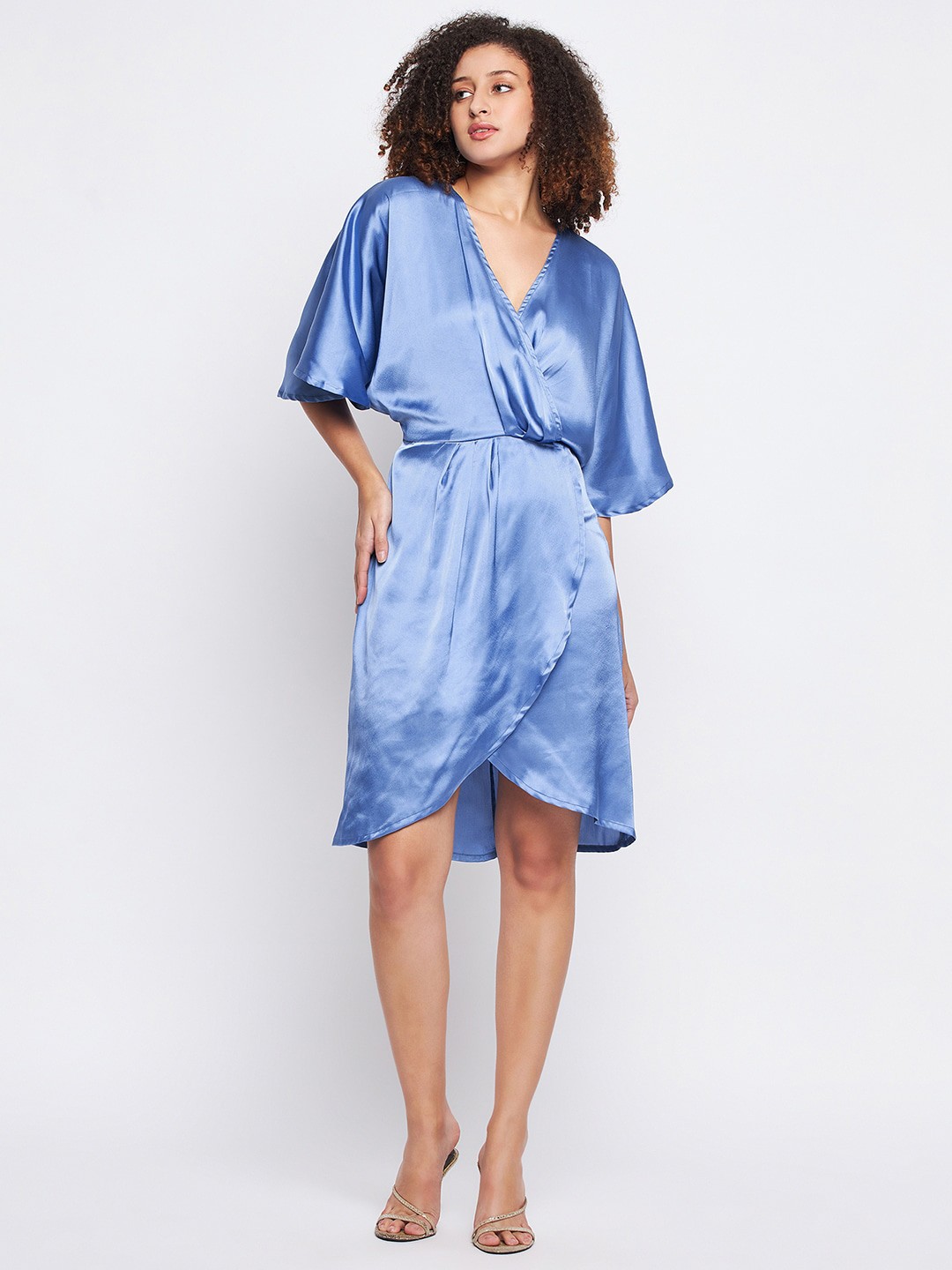 

Color Cocktail V-Neck Flared Sleeve Wrap Satin Dress, Blue