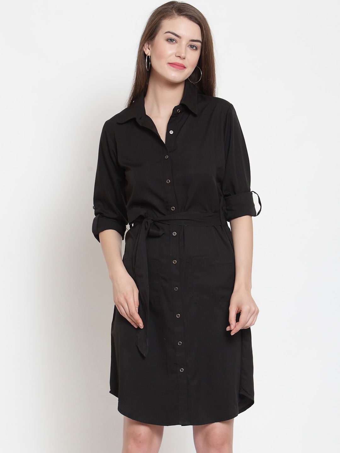 

Color Cocktail Roll-Up Sleeves Shirt Dress, Black