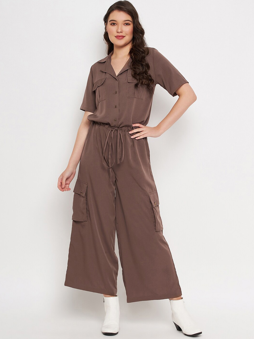

Color Cocktail Shirt Collar Basic Jumpsuit, Brown
