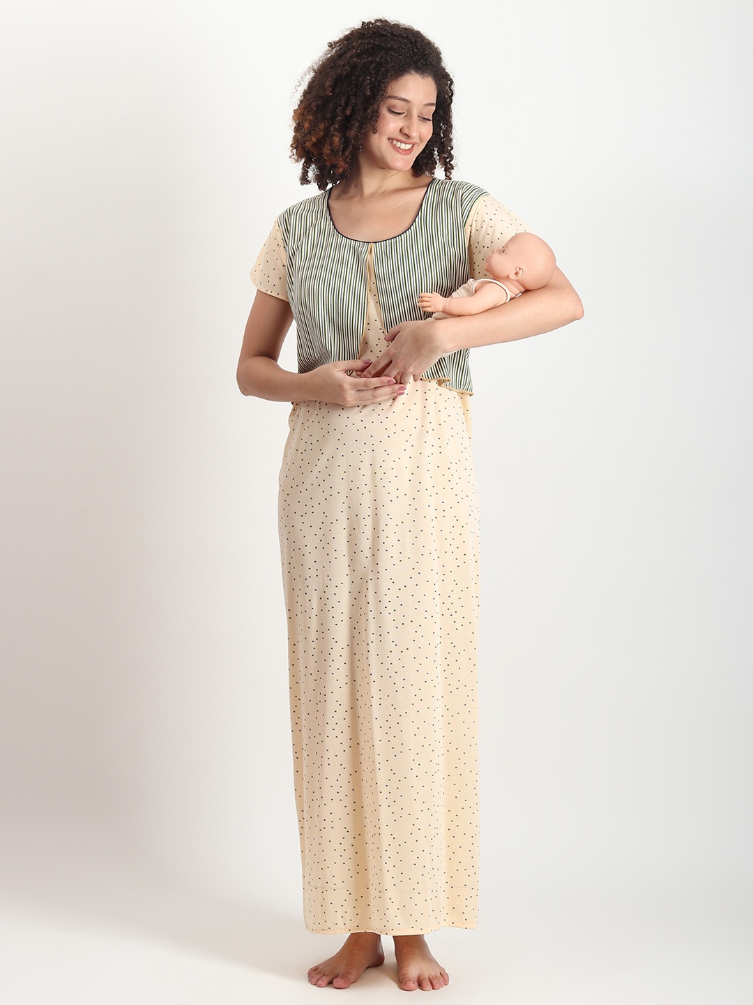 

Noty Polka Dots Printed Maternity Maxi Nightdress, Beige