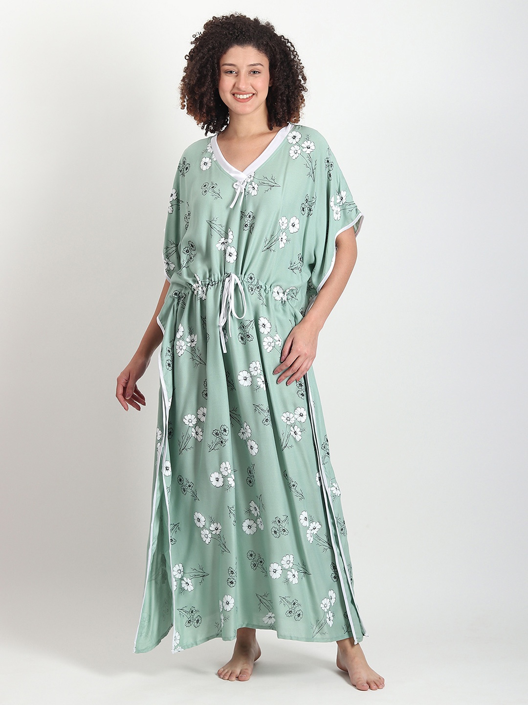 

Noty Floral Printed V-Neck Maxi Kaftan Nightdress, Green