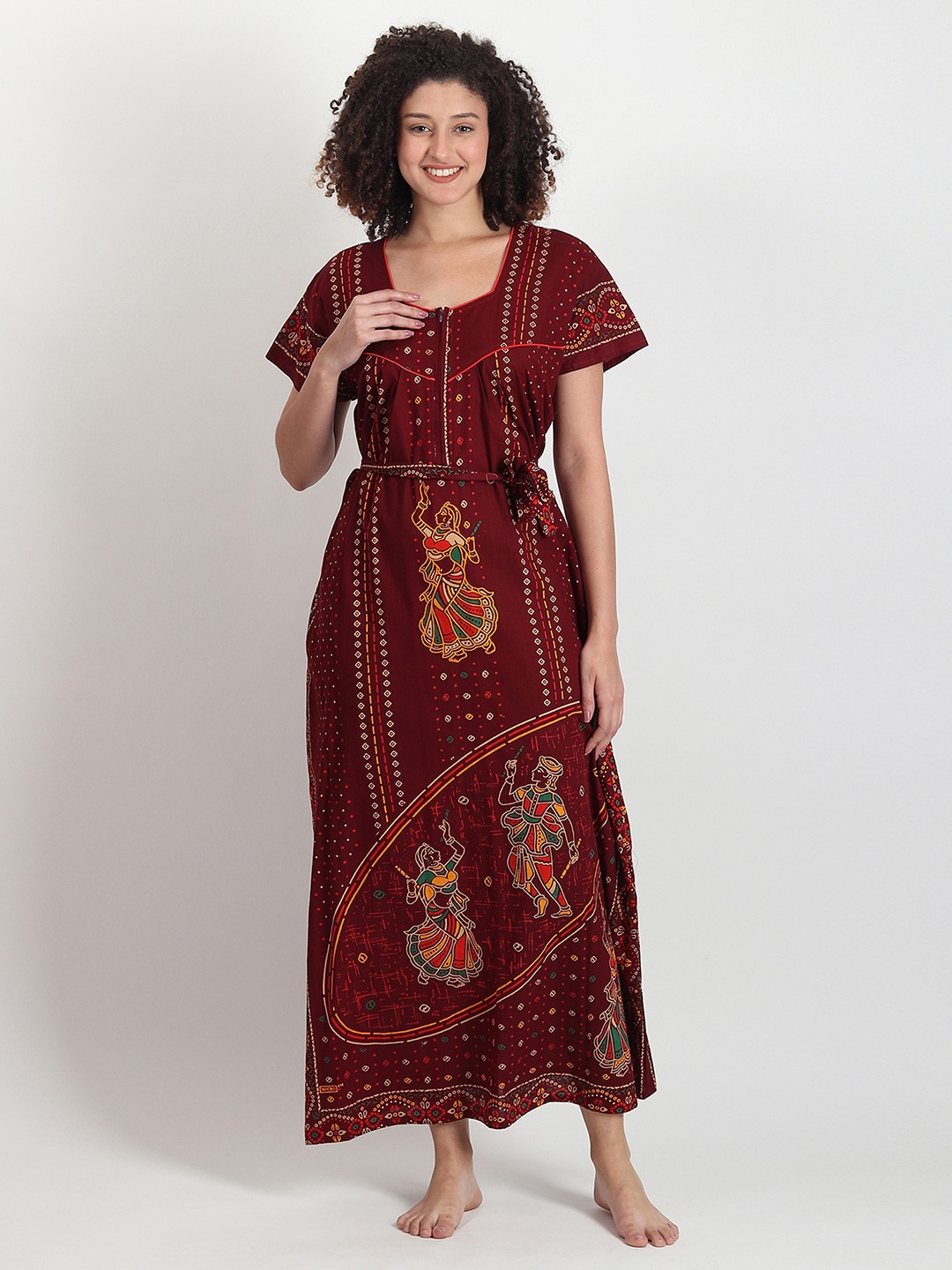 

Noty Rajasthani Print Jaipur Cotton Maxi Nightdress, Maroon