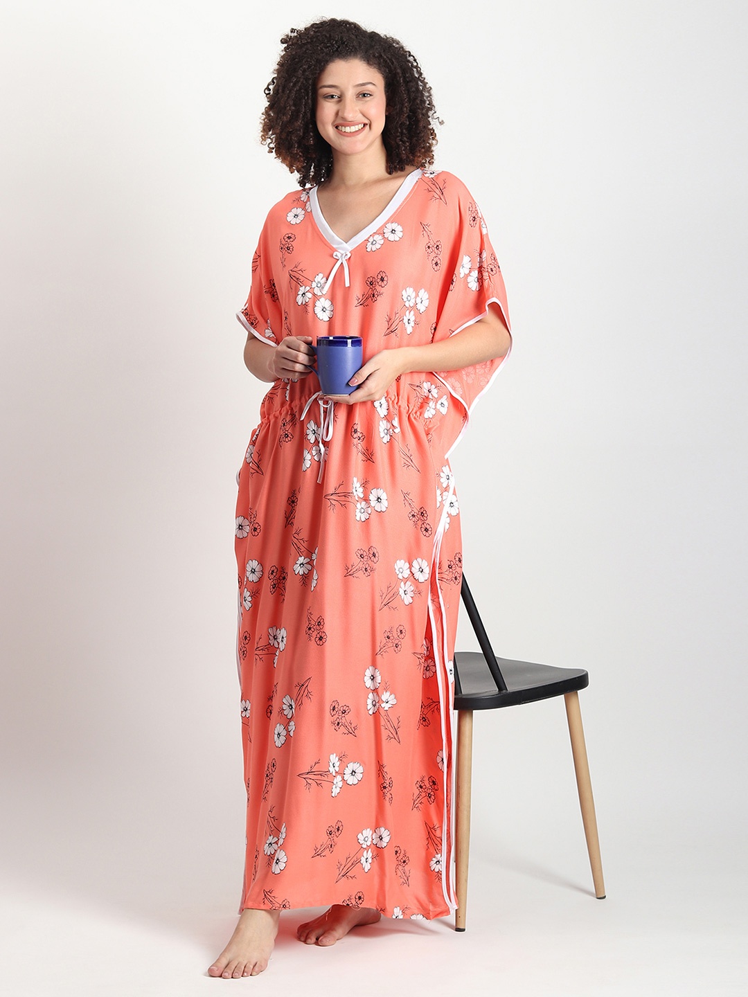 

Noty Floral Printed V-Neck Maxi Kaftan Nightdress, Peach