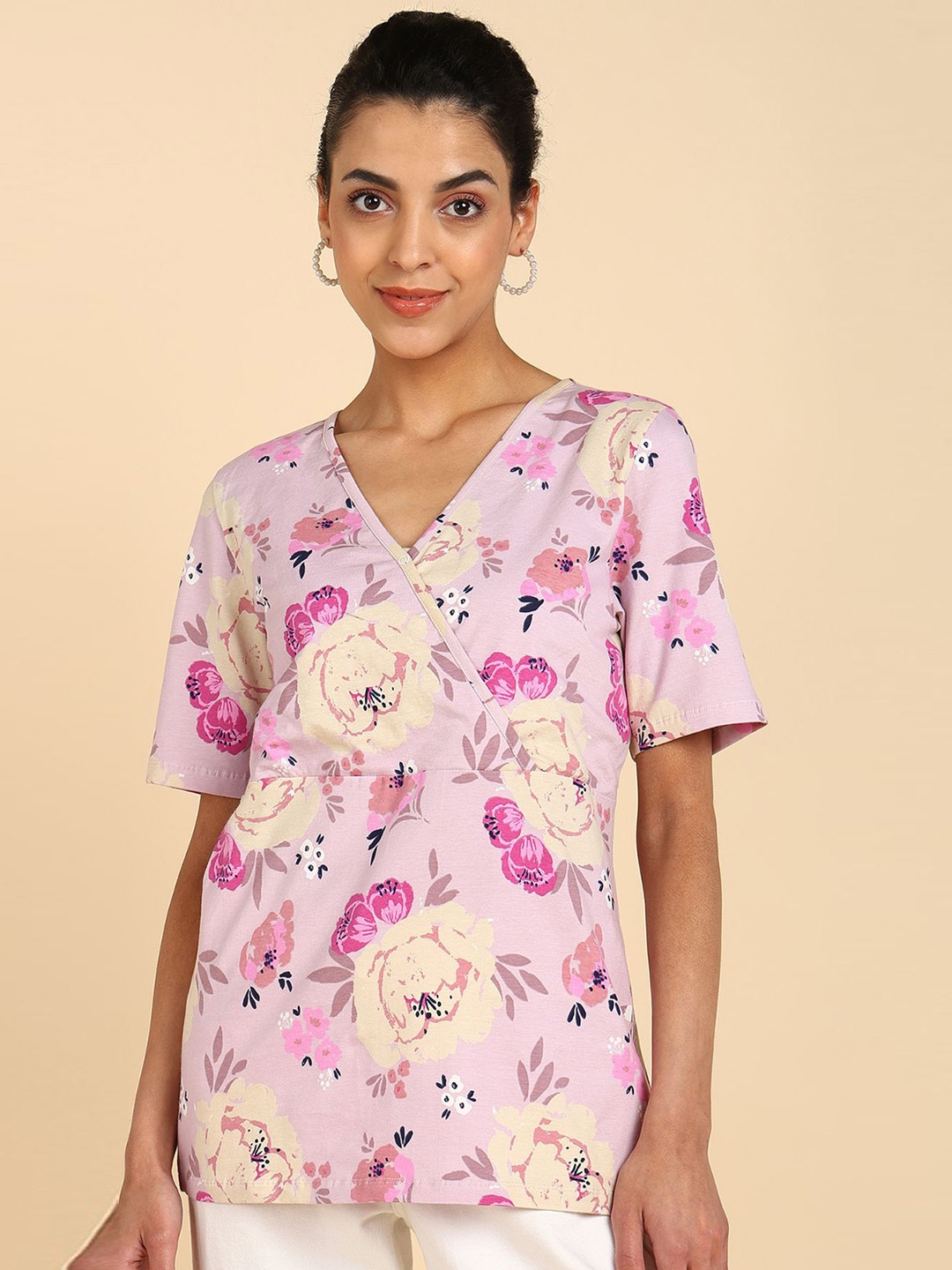 

House Of Zelena Floral Printed Cotton Stretchable Maternity Feeding Zipless Top, Pink