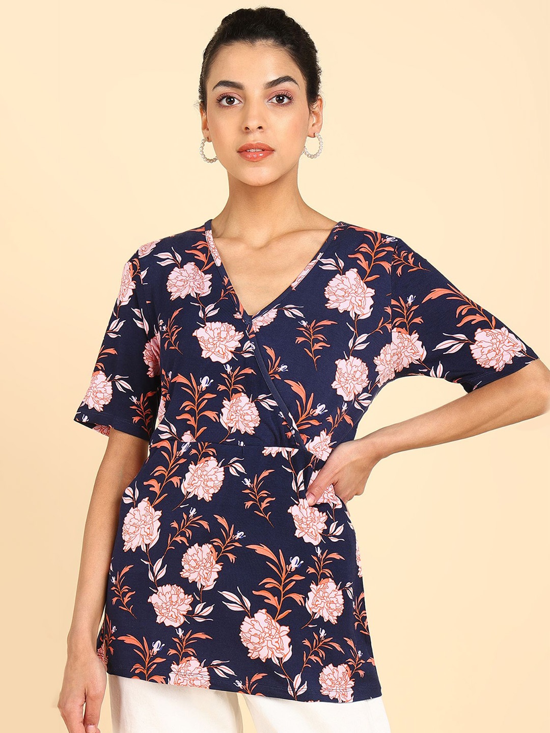 

House Of Zelena Floral Print Cotton V-Neck Short Sleeves Wrap Maternity Top, Navy blue