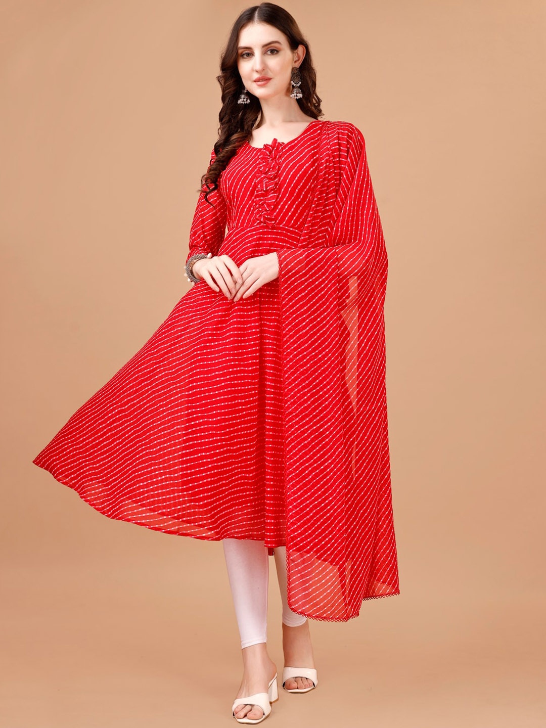 

PMD Fashion Leheriya Printed Georgette Anarkali Kurta, Red