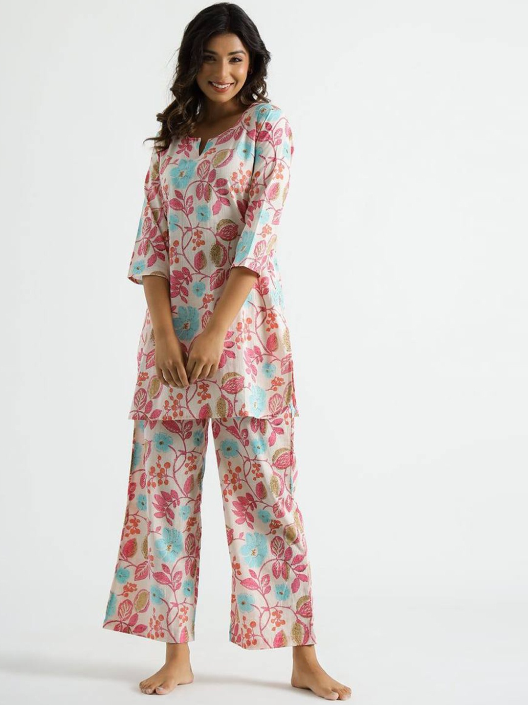 

SWAADHI Floral Printed Pure Cotton Top and Trousers, Pink