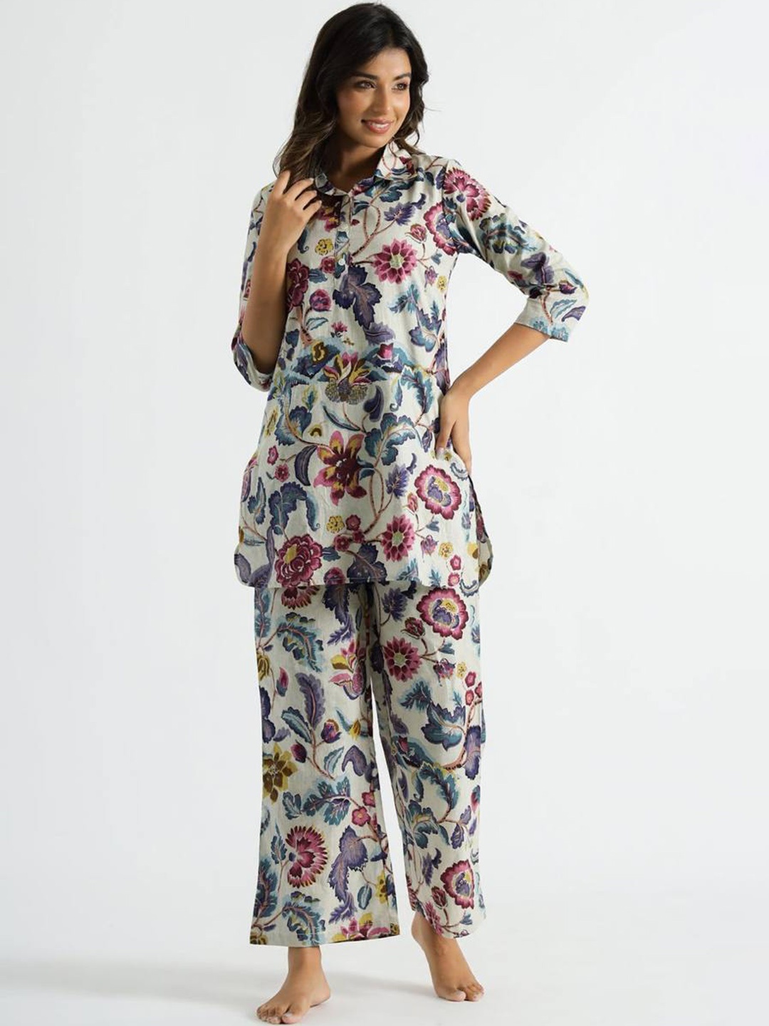 

SWAADHI Floral Printed Pure Cotton Top and Trousers, White