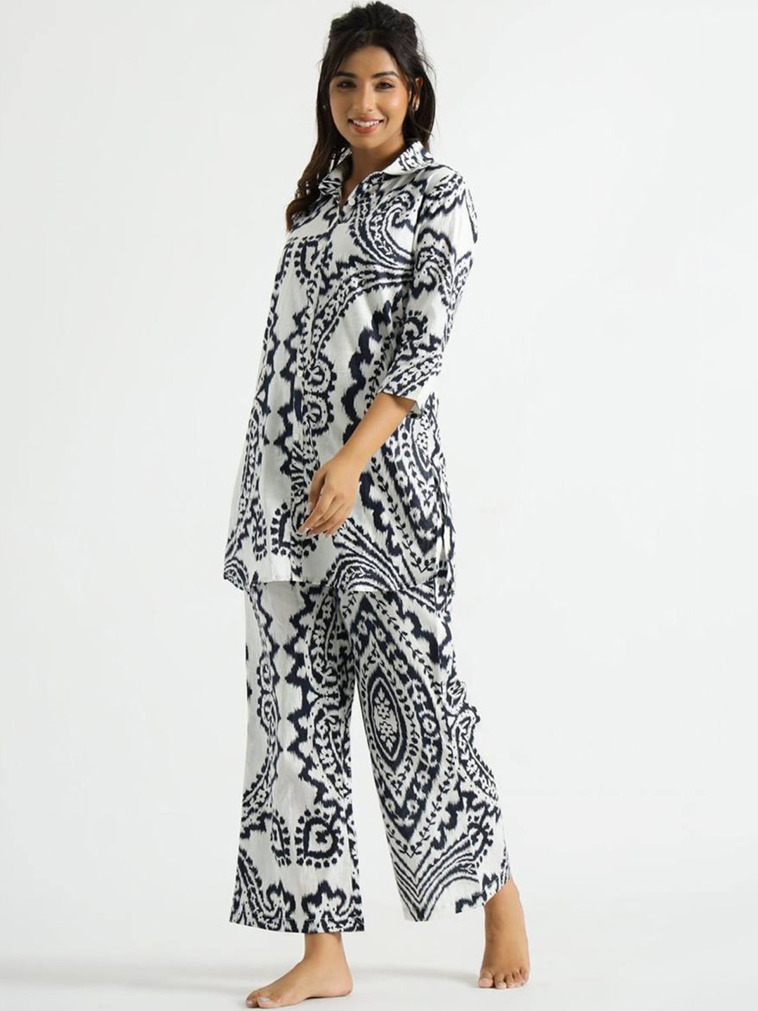 

SWAADHI Printed Pure Cotton Night Suit, White