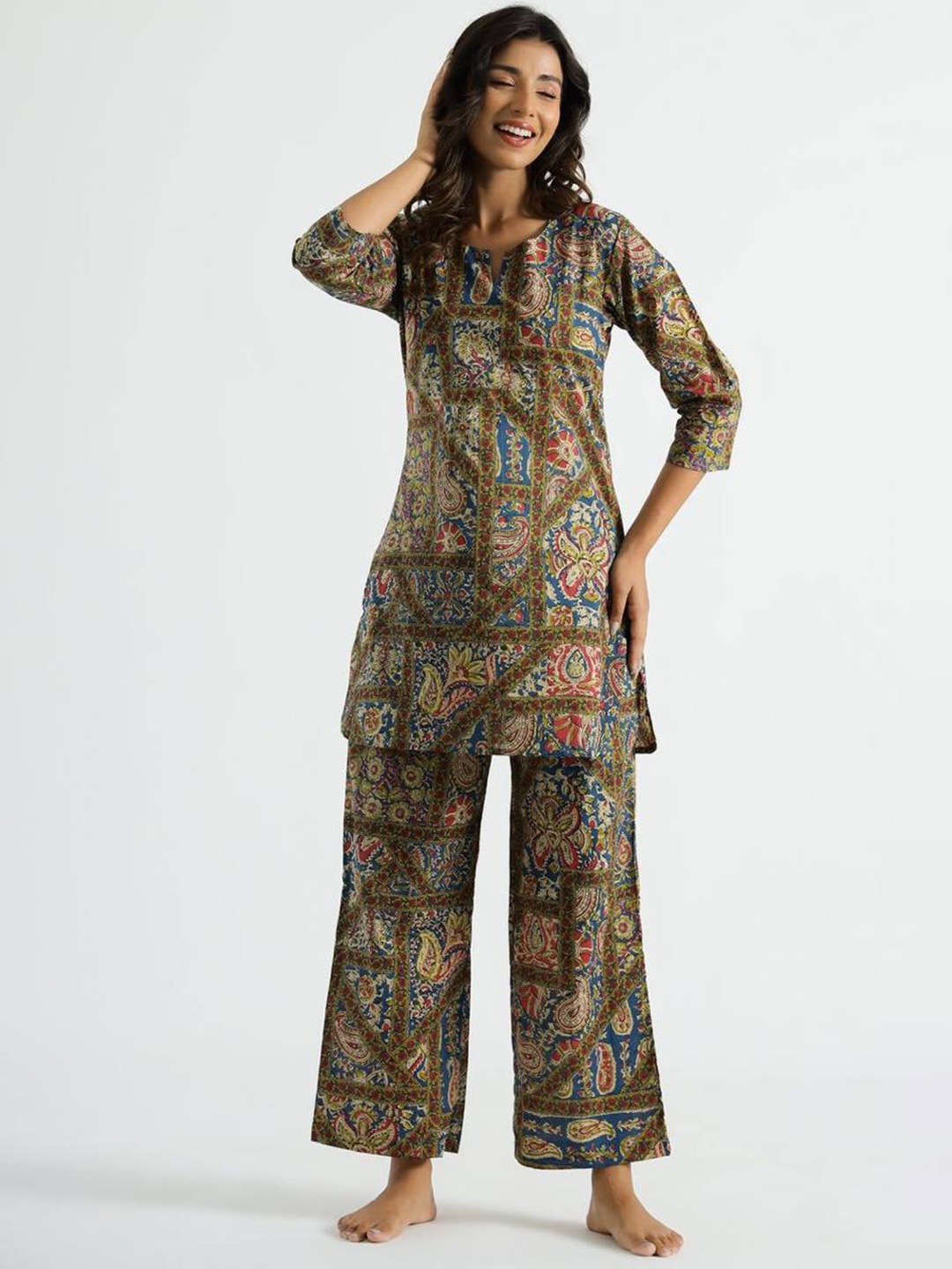 

SWAADHI Printed Pure Cotton Night Suit, Mustard