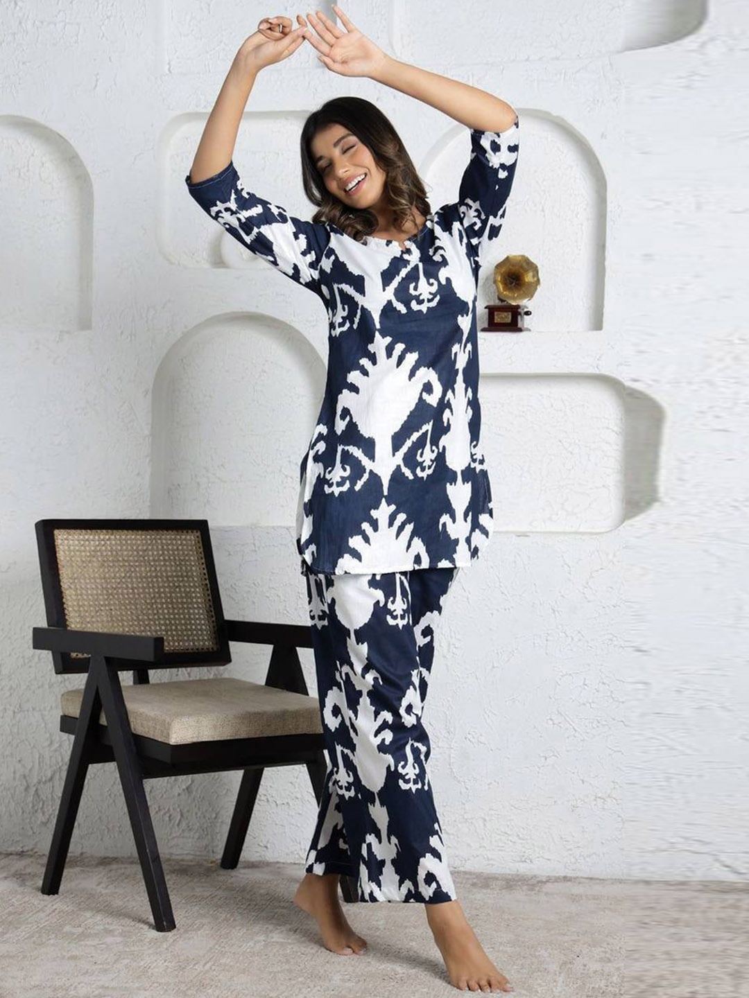 

SWAADHI Printed Pure Cotton Night Suit, Blue
