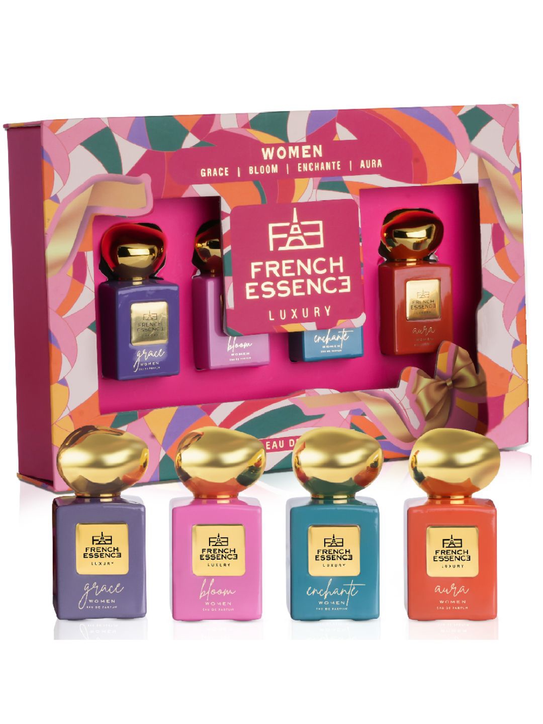 

FRENCH ESSENCE Women Set of 4 EDP - Grace, Bloom, Enchante & Aura - 20ml Each, Pink